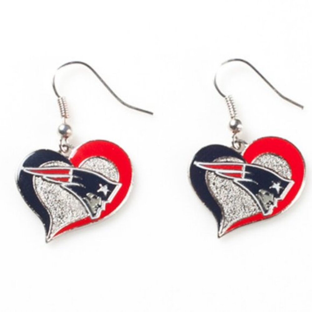 New* New England Patriots NFL Silver Swirl Heart‎ Dangle Earrings Non-Allerg…